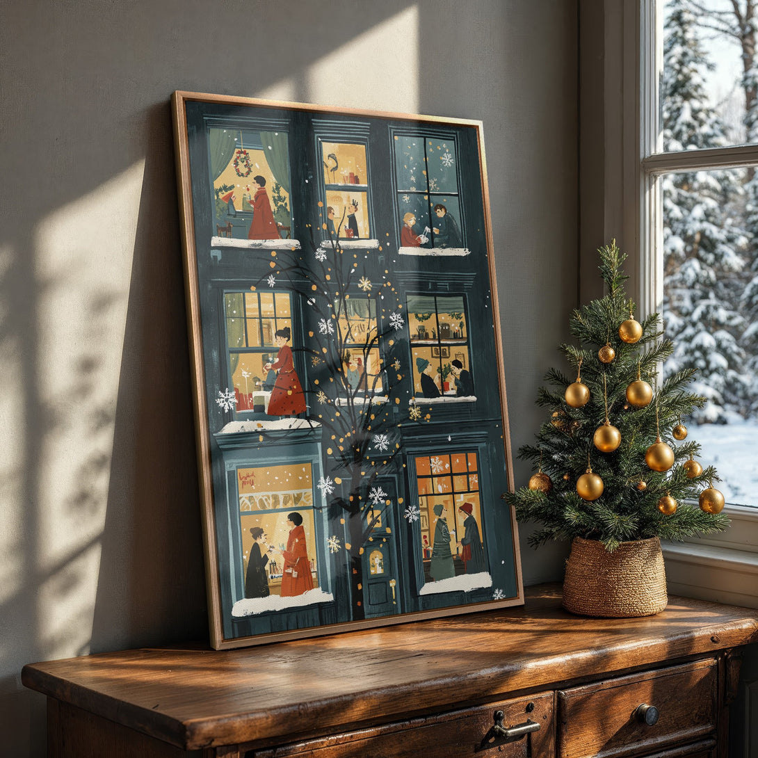 Framed Wall Art: Cozy winter scene Canvas Print. Illustration with a warm color palette, depicting windows with people, snow, and a Christmas tree. Perfect for holiday decor.