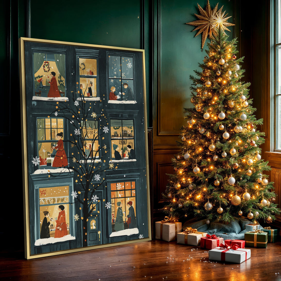 Canvas Print of a cozy winter scene with a dark blue building, warm light, and whimsical illustrations. Perfect for holiday decor!