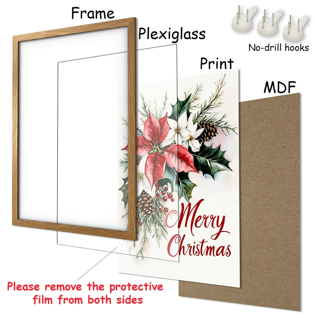 Framed Poster with watercolor Christmas floral art in red, green, and white. Festive holiday wall decor for your home.