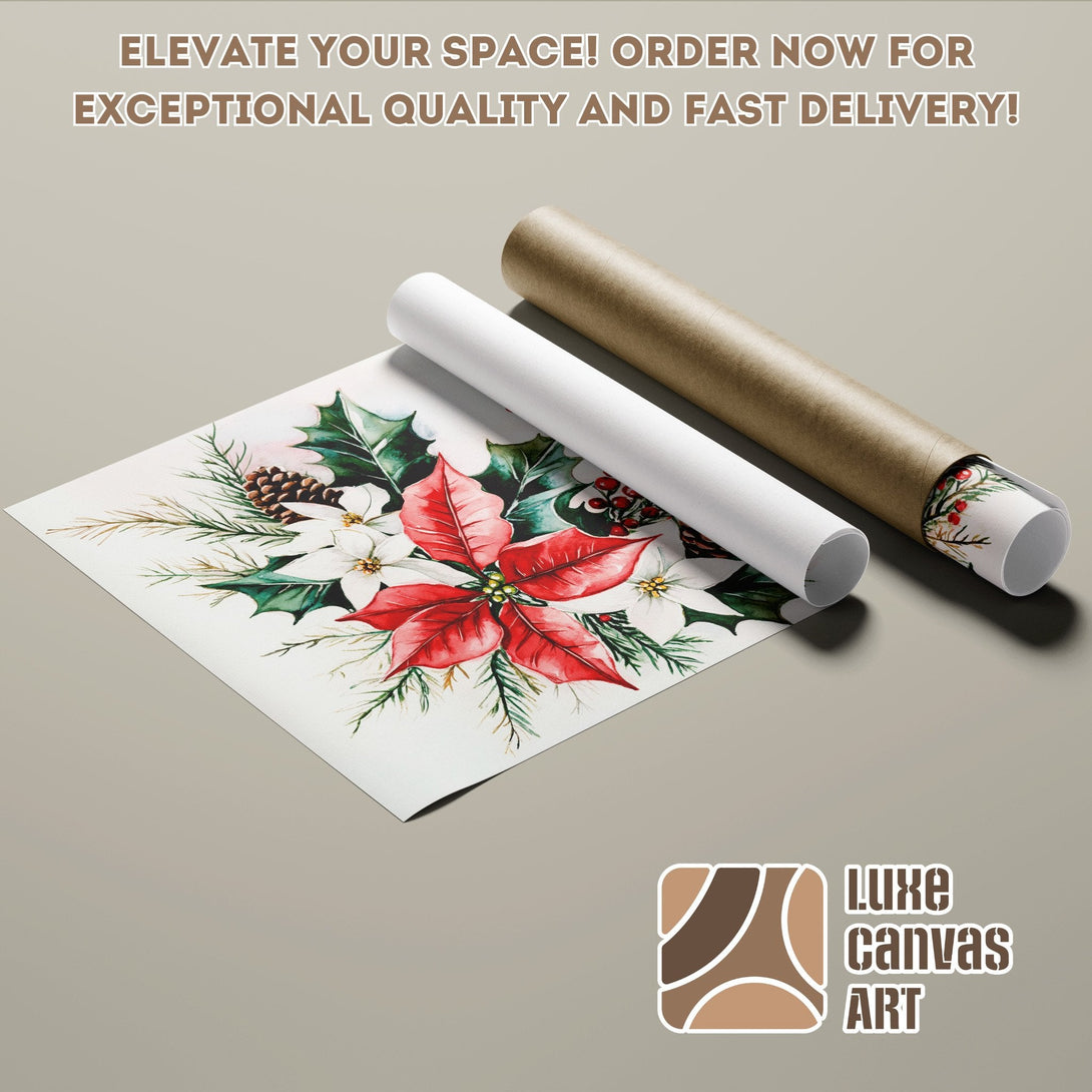 Watercolor Christmas Poster Roll with red poinsettias, green foliage, and warm tones. Elevate your space!