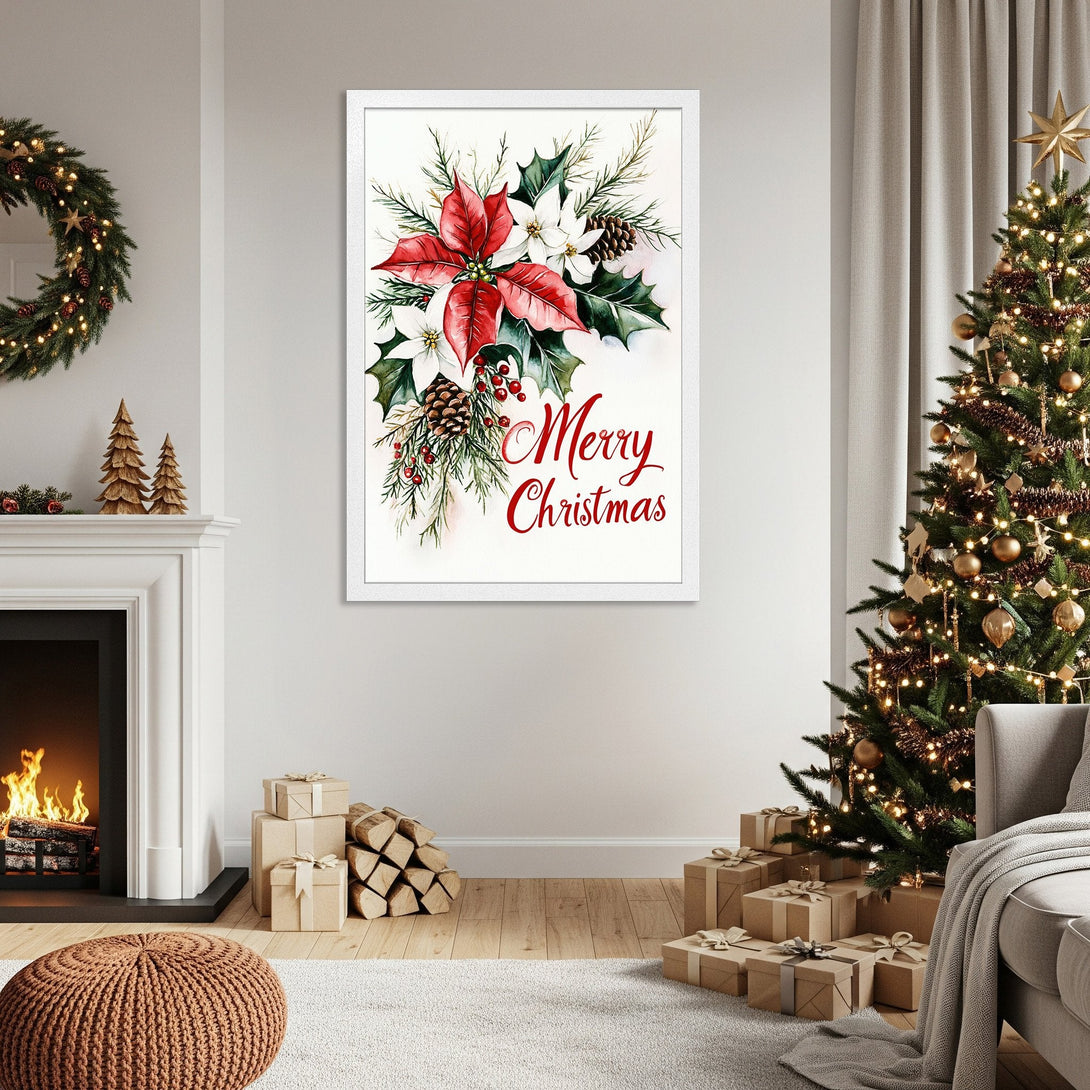 Framed Poster featuring a watercolor Christmas floral design in red, green, and white. Perfect holiday decor!
