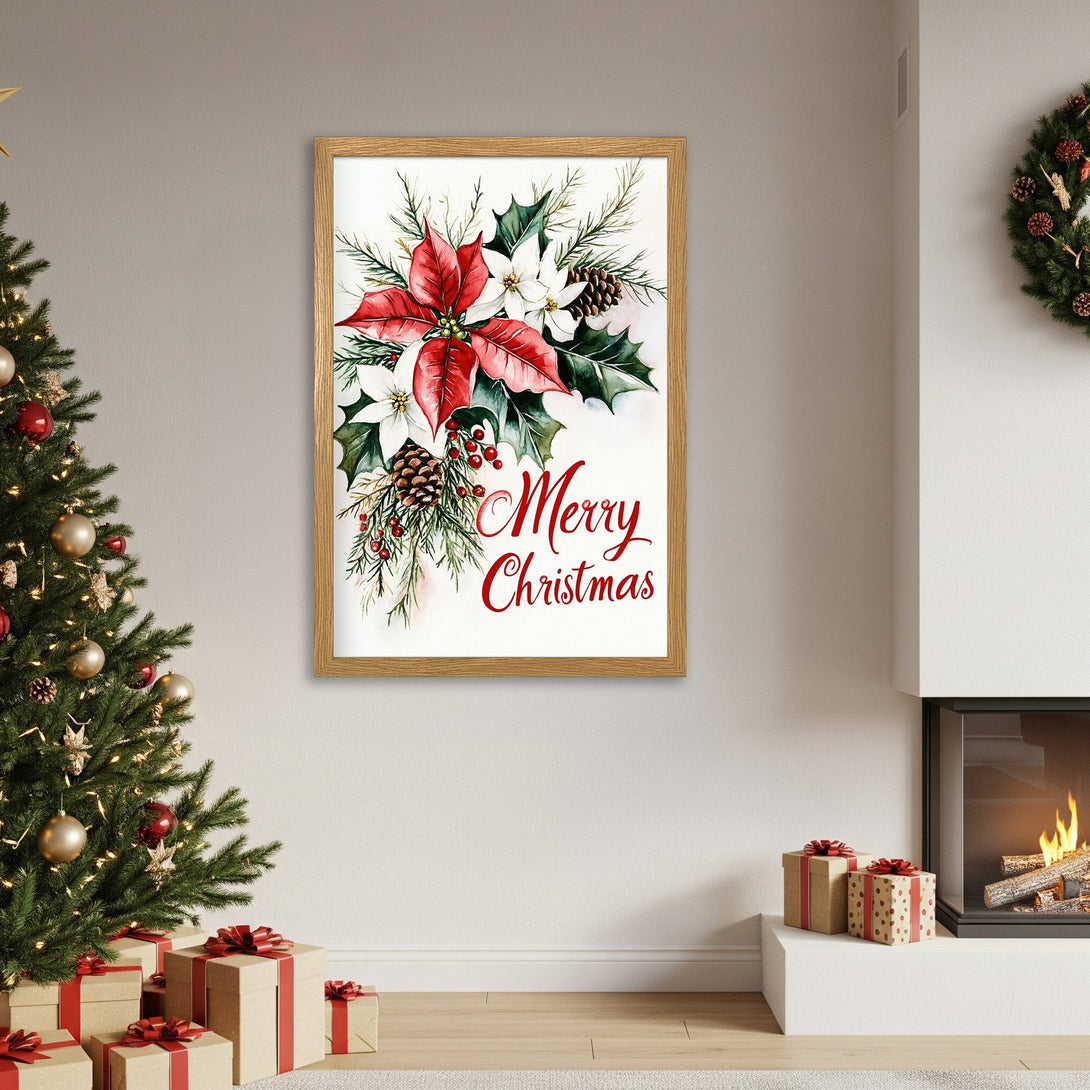 Framed Poster featuring a watercolor Christmas floral design in red, white, and green. Perfect holiday decor!