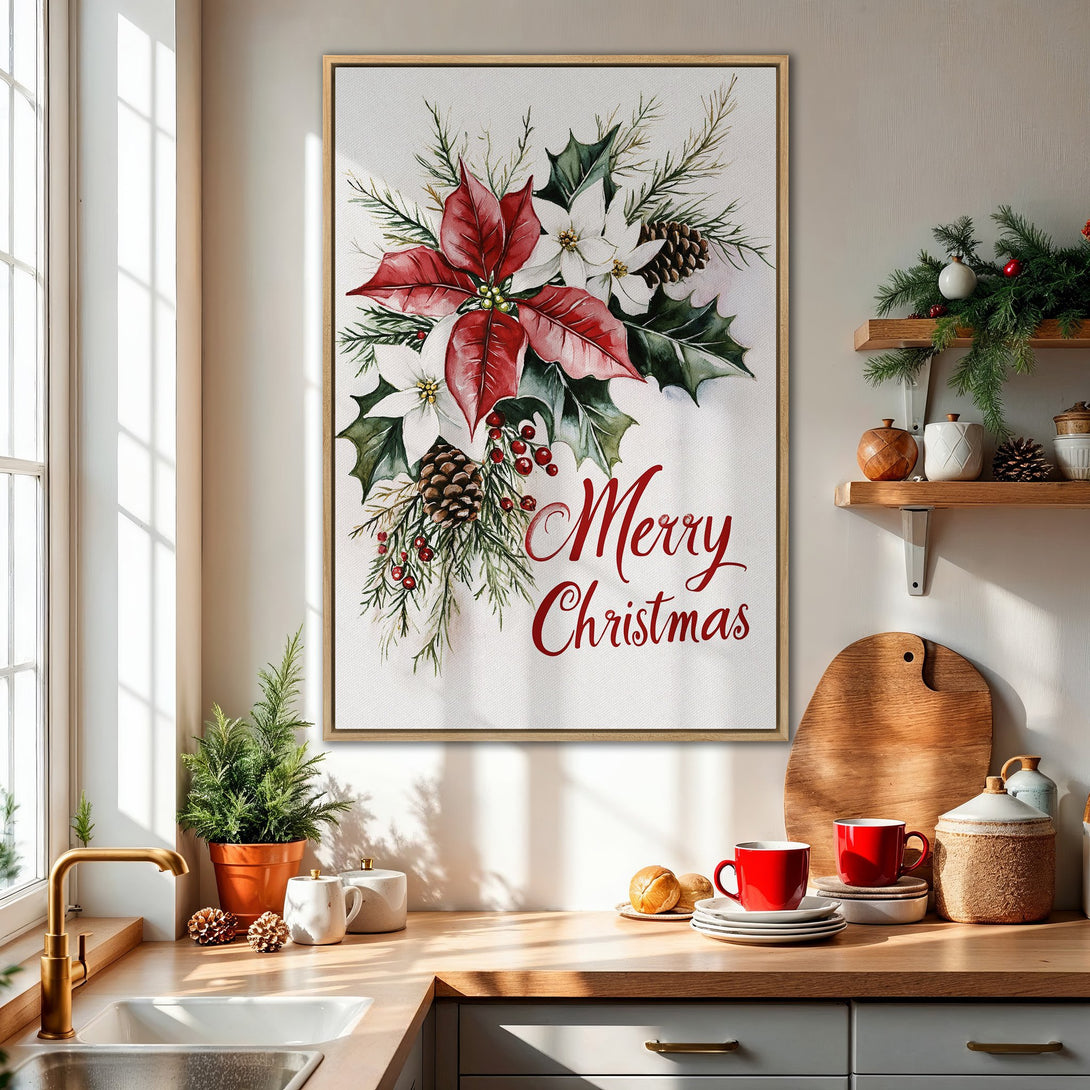 Framed Wall Art: Watercolor Christmas floral print in red, green, and white. Perfect for holiday decor!