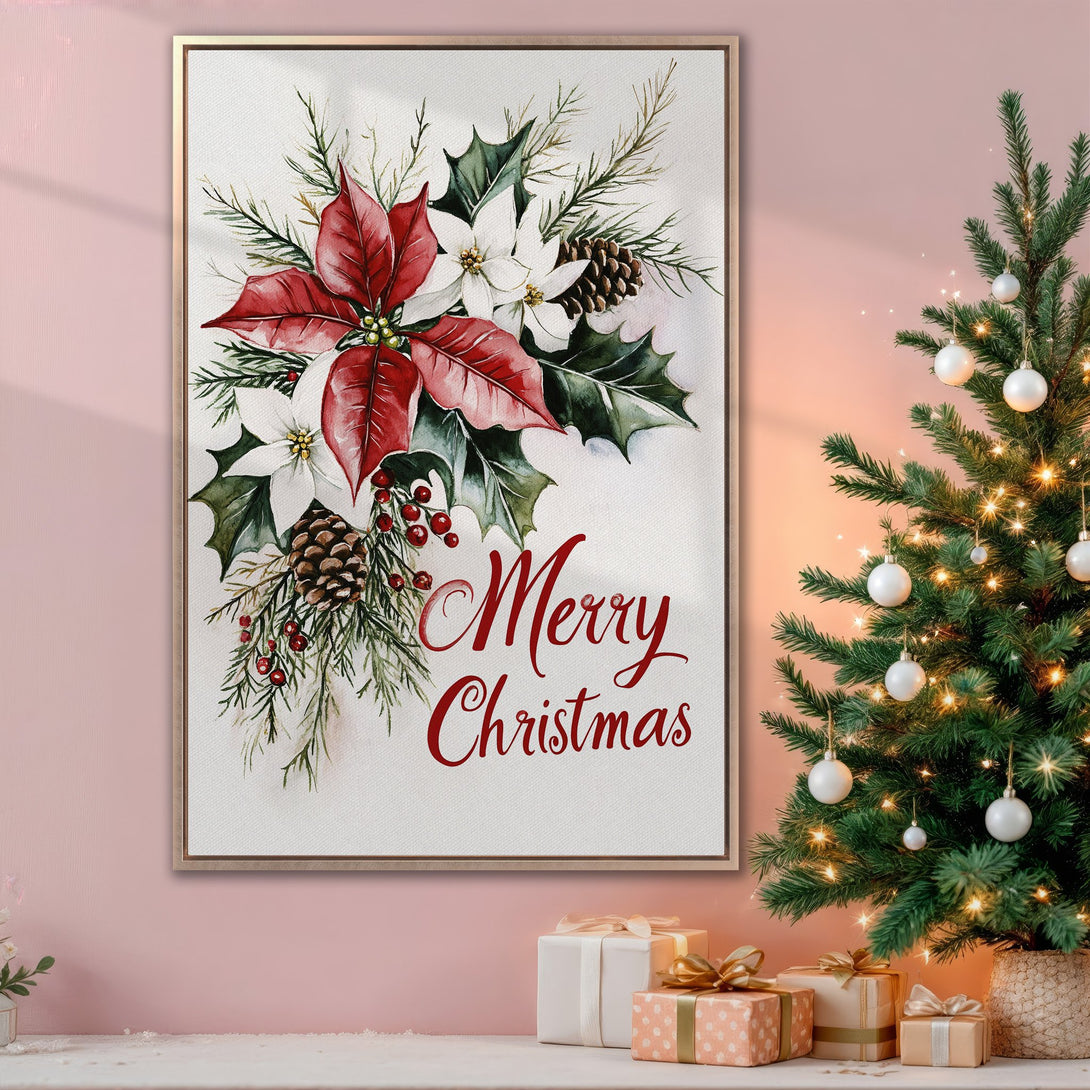 Framed Wall Art: Watercolor Christmas floral print with poinsettias, holly, and pinecones. Festive red, green, and white palette. Perfect holiday decor.