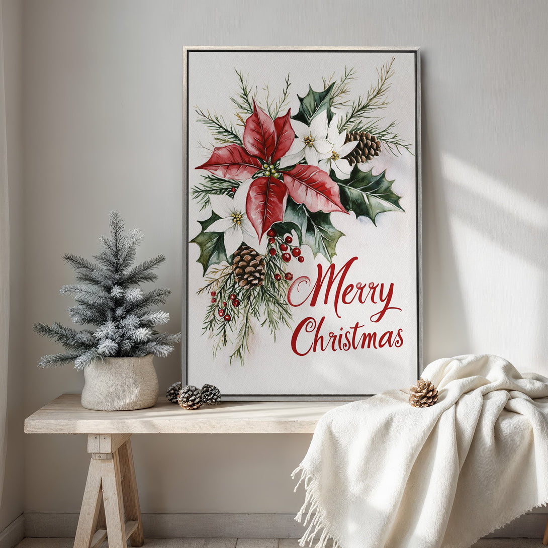 Framed Wall Art: Watercolor Christmas floral art with poinsettias in red, green, and white. Festive holiday decor for your home.