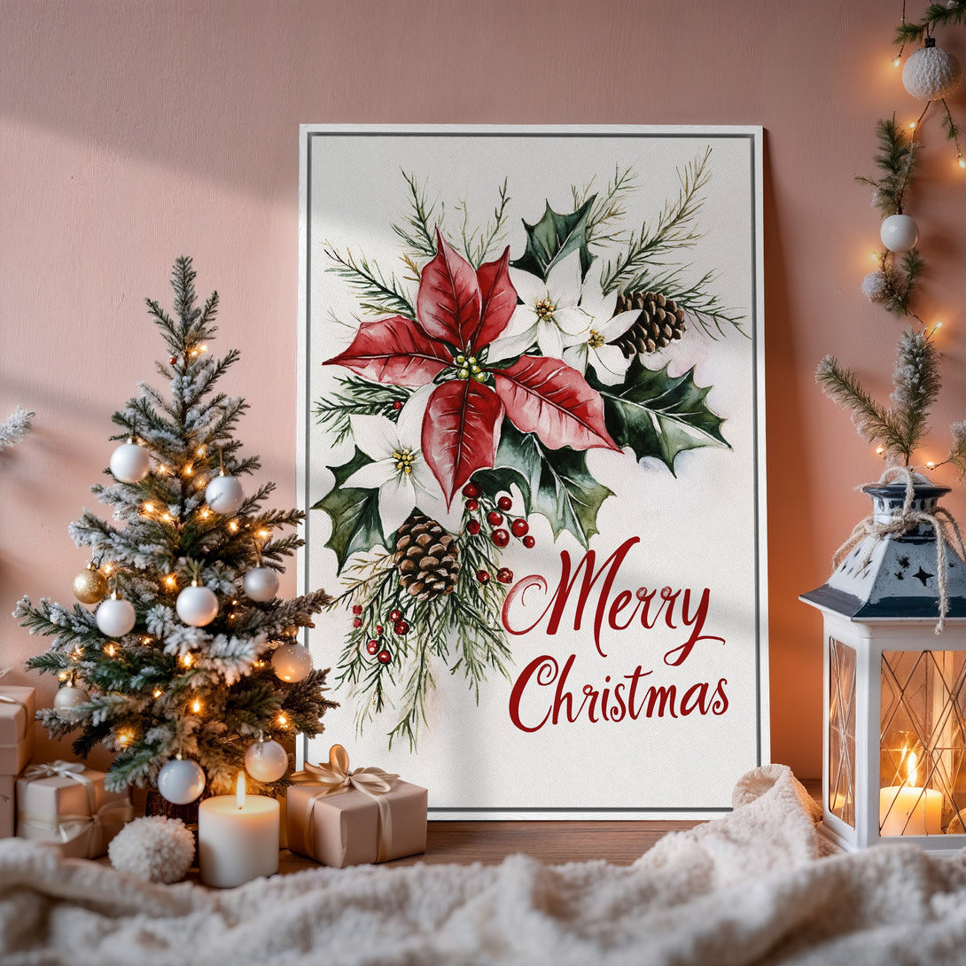 Framed Wall Art: Watercolor Christmas floral print with red & white poinsettias. Festive decor for your home. Holiday wall art in a warm color palette.