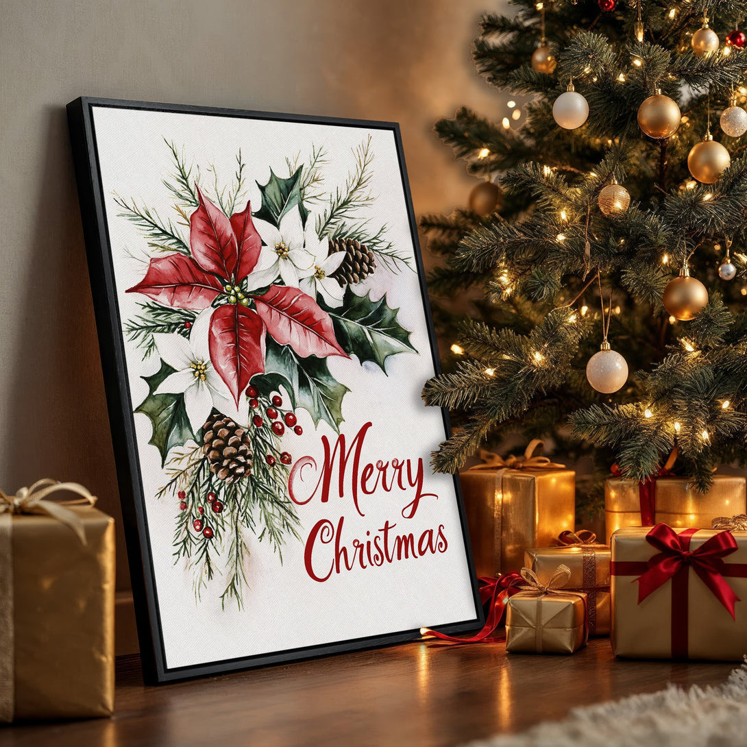 Framed Wall Art: Watercolor Christmas poinsettia art in red, white, and green. Festive holiday decor for your home. Perfect Christmas gift idea!