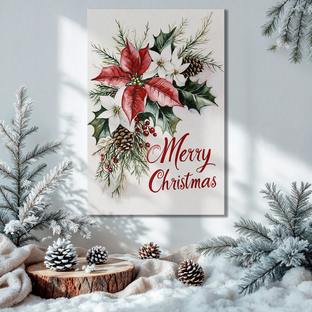 Framed Wall Art: Merry Christmas floral print with red & white poinsettias. Festive holiday decor with gold frame, warm color palette.