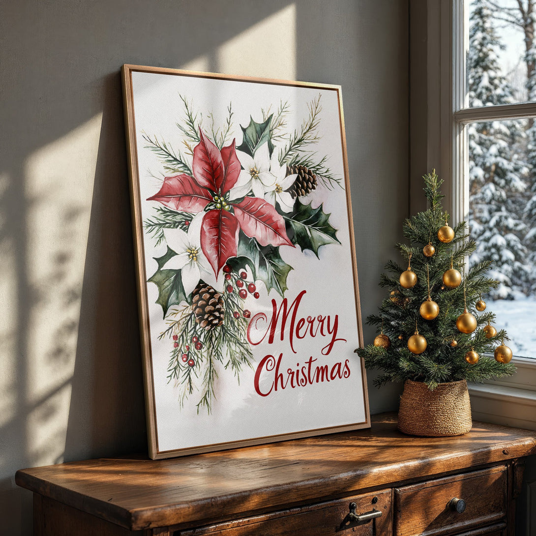 Framed Wall Art: Watercolor Christmas print with poinsettias, holly, and pinecones. Festive red, green, and white palette. Perfect holiday decor!