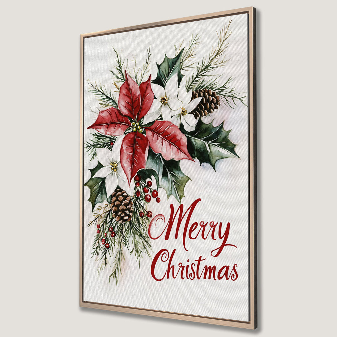 Framed Wall Art: Watercolor Christmas floral print with poinsettias, pine cones, and "Merry Christmas" in red. Festive decor in red, green, and white.