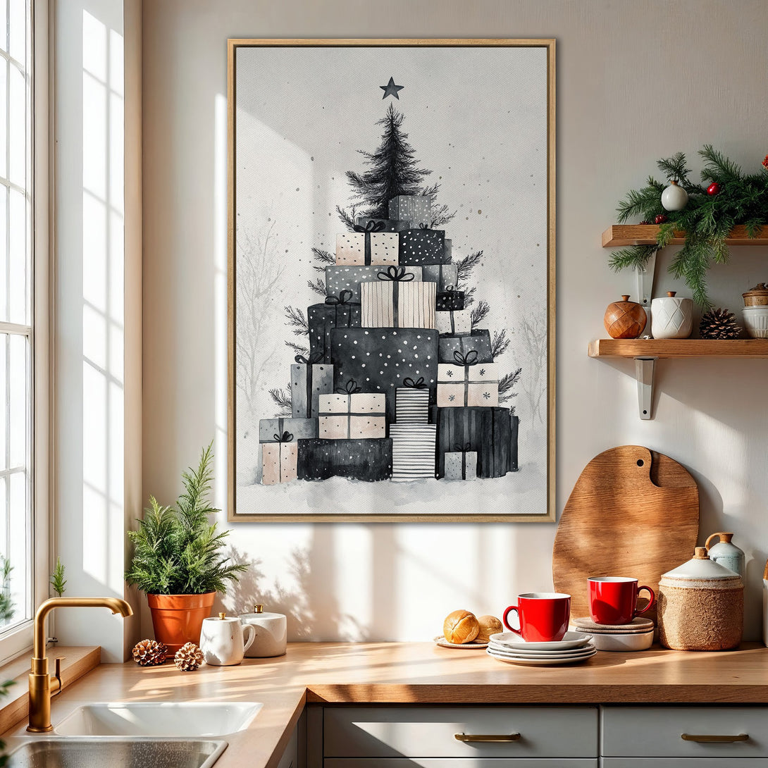 Framed Wall Art: Watercolor Christmas tree art in a minimalist style. Neutral color palette with black, white, and beige tones. Perfect holiday decor.