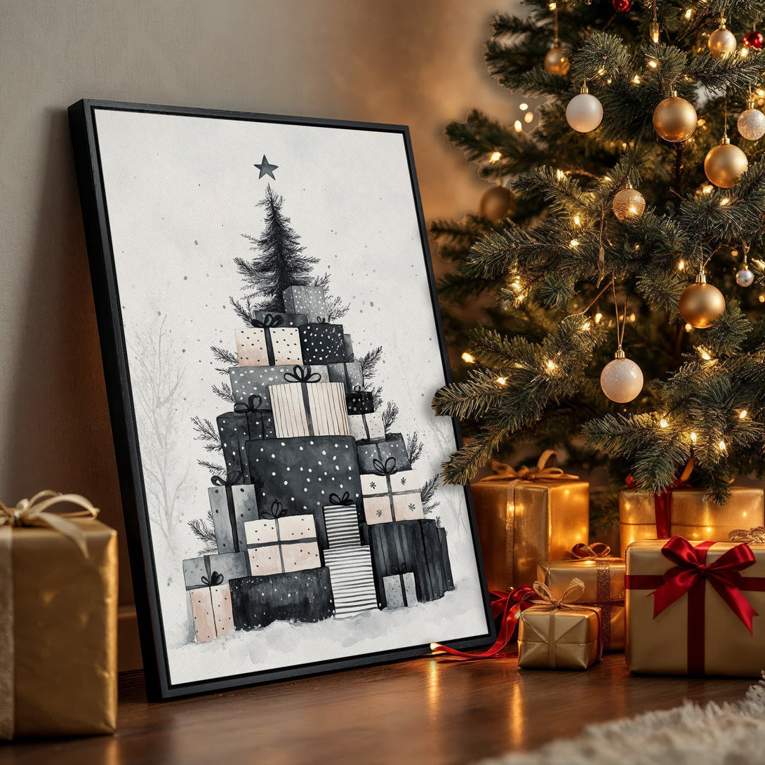 Framed Wall Art: Watercolor Christmas tree art in black, white, and blush tones. Perfect holiday decor for a cozy, stylish home.