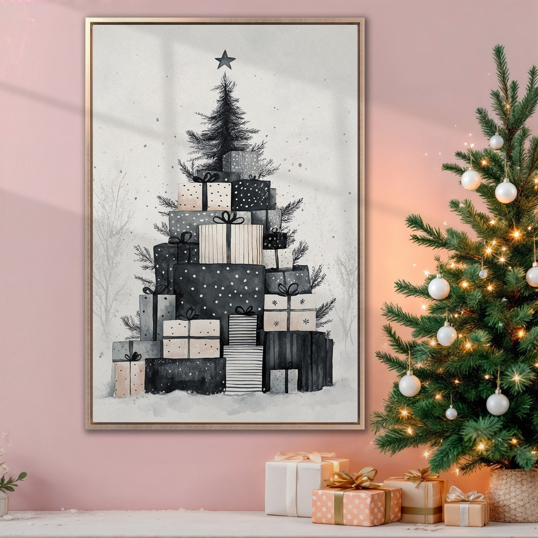 Framed Wall Art featuring a watercolor Christmas tree made of gifts, in a neutral black and white palette, perfect for holiday decor.