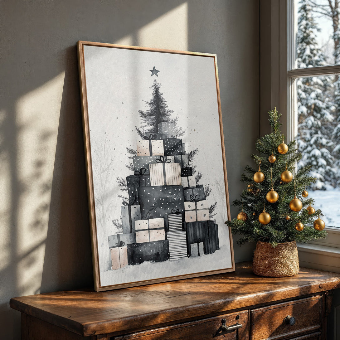 Framed Wall Art: Watercolor Christmas tree art in neutral tones. Perfect holiday decor for a cozy, modern interior. Black, white, and blush color palette.