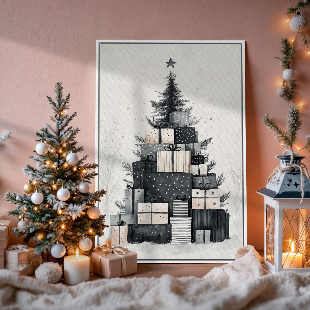 Framed Wall Art: Watercolor Christmas tree art print in black and white, perfect for holiday decor. Neutral color palette.