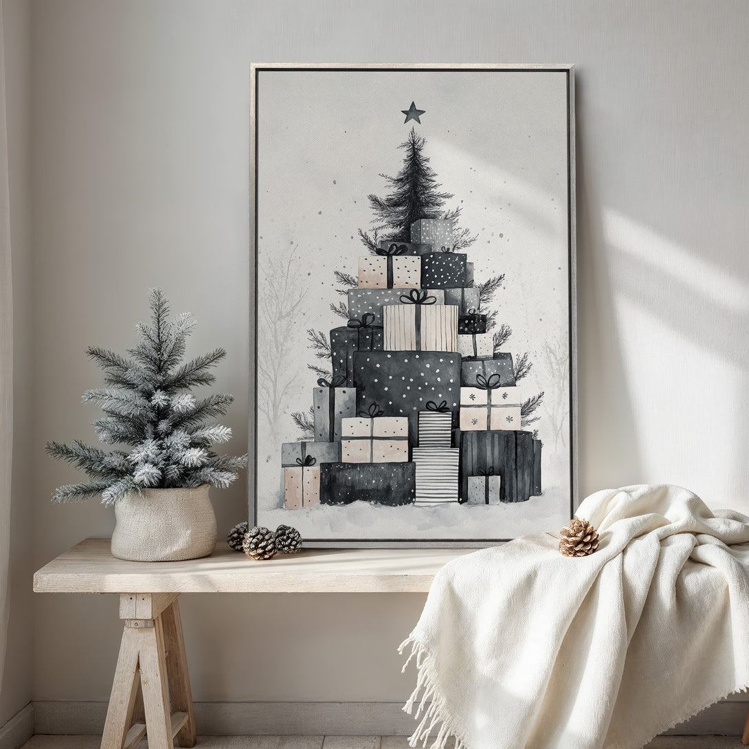 Framed Wall Art: Watercolor Christmas tree art in neutral black, gray, and blush tones. Modern winter decor for a cozy, minimalist interior.