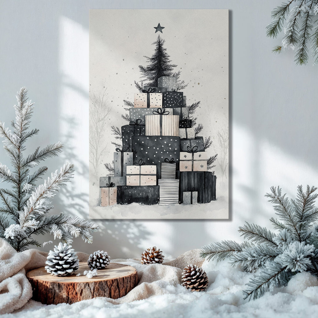 Framed Wall Art: Watercolor Christmas tree made of gifts. Black, white, and blush tones. Cozy winter decor for your home.