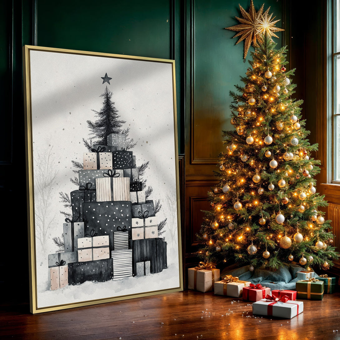 Canvas Print: Watercolor Christmas tree art in grayscale, perfect for holiday decor. Modern, minimalist style with neutral color palette.