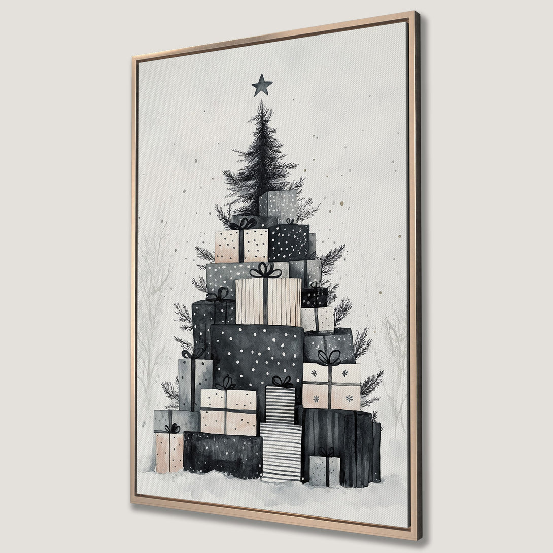 Framed Wall Art: Watercolor Christmas tree made of gifts in a neutral color palette. Perfect holiday decor for a cozy, stylish home.