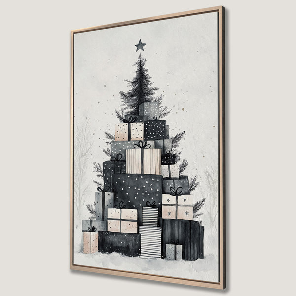 Framed Wall Art: Watercolor Christmas tree made of gifts in a neutral color palette. Perfect holiday decor for a cozy, stylish home.
