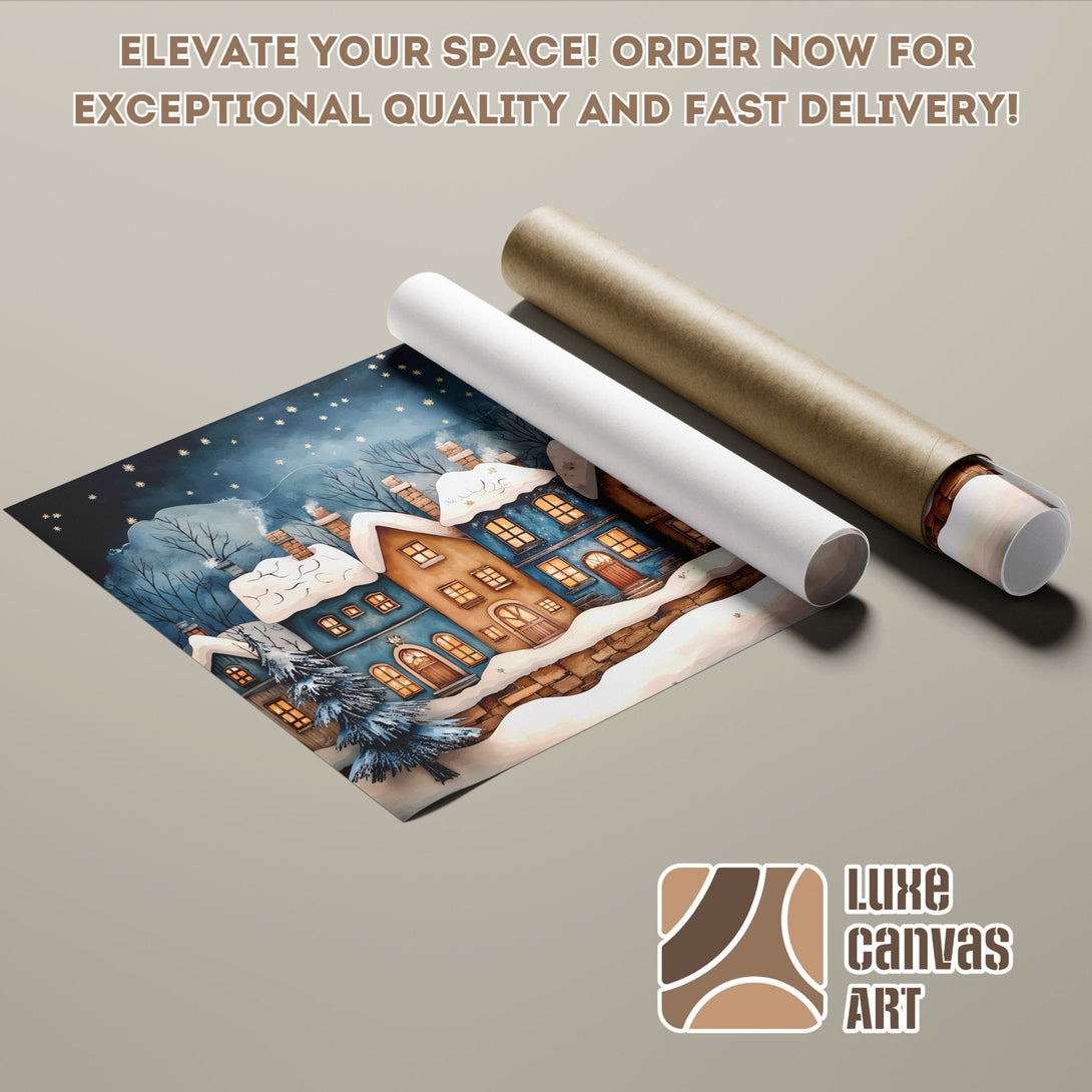 Winter scene Poster Roll in blue and brown tones. Perfect wall art for your home!