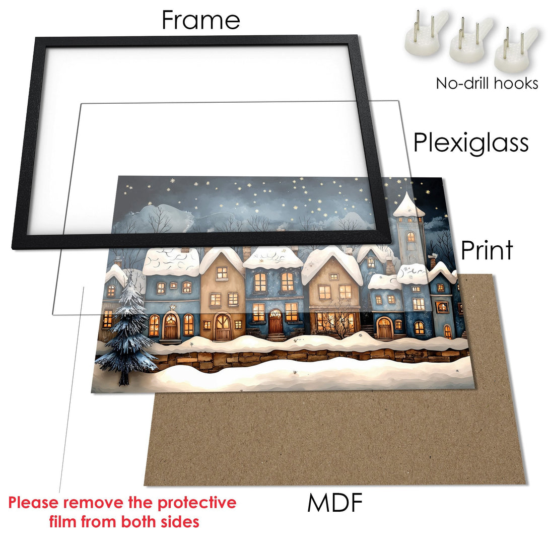 Framed Poster featuring a winter village scene. Watercolor style with blue, brown, and white hues, ready to hang.