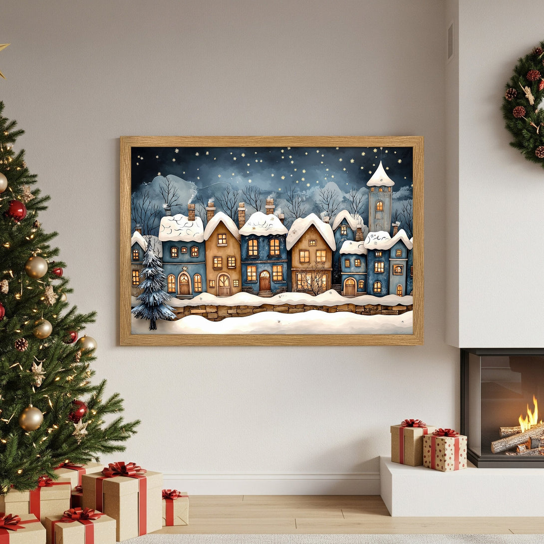 Framed Poster of a winter village scene. Charming watercolor style with blue, brown, and white hues. Perfect holiday decor!
