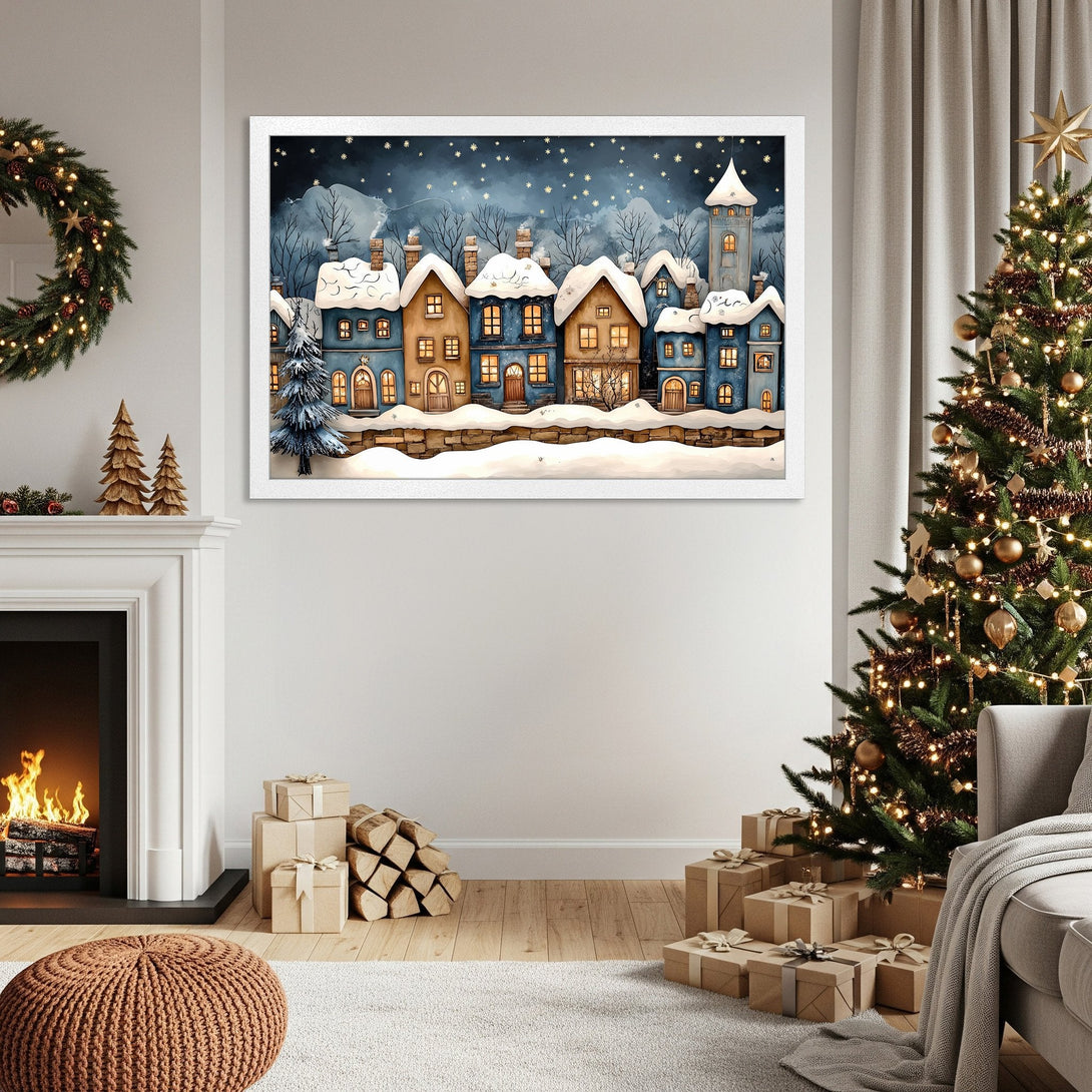 Framed Poster of a charming winter village scene. Watercolor style with blue, brown, and white hues. Perfect holiday home decor.