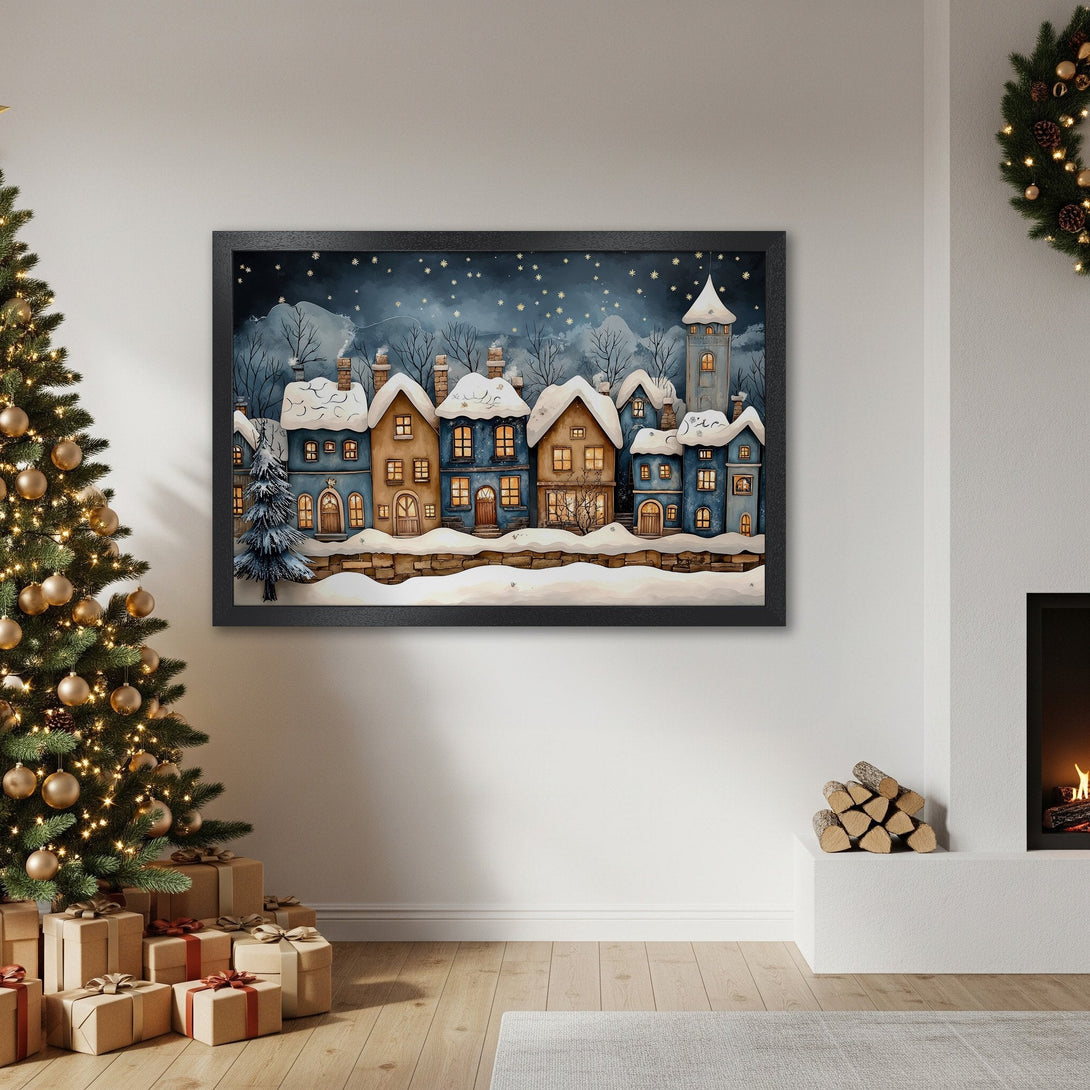 Framed Poster of a cozy winter village scene in a watercolor style, featuring blue, brown, and white tones, perfect for holiday decor.