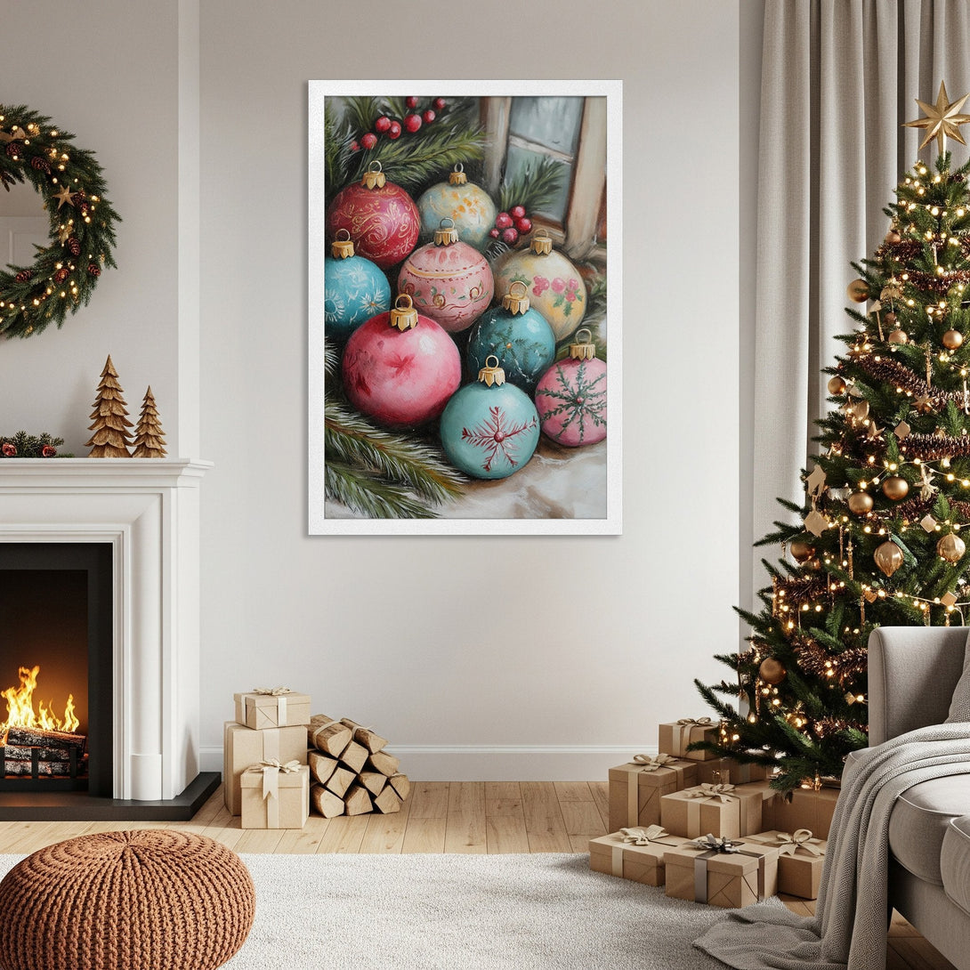 Framed Poster featuring Christmas ornaments in a cozy, warm style with a colorful palette. Perfect holiday decor!