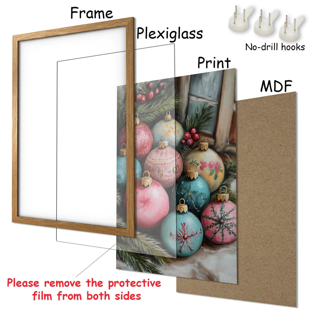 Framed Poster featuring colorful Christmas ornaments. Artistic style with a pastel color palette, perfect holiday decor.