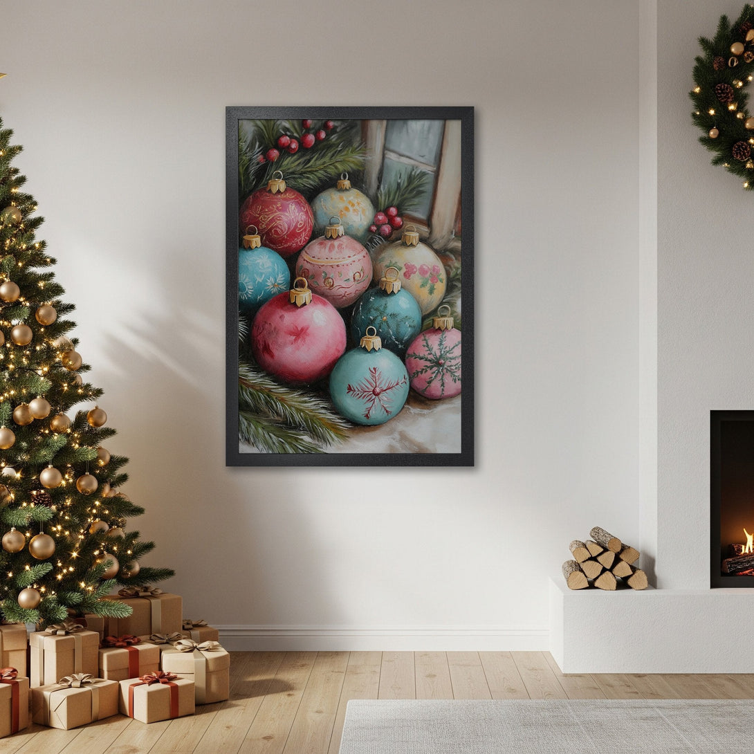 Framed Poster of Christmas ornaments in a warm, watercolor style with a festive color palette. Perfect holiday decor!
