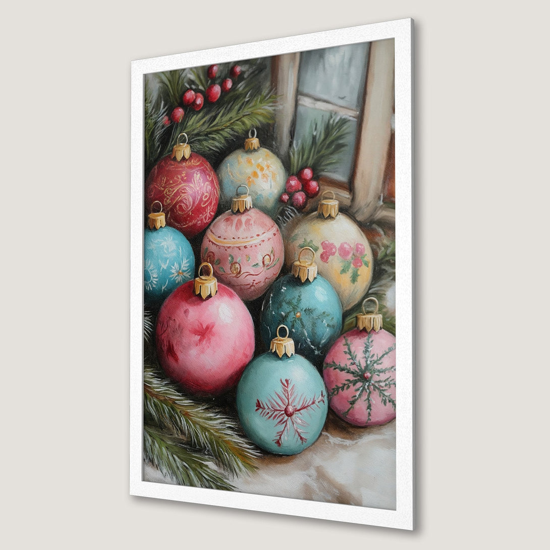 Framed Poster of Christmas ornaments in a vintage painting style. Features a festive color palette of reds, greens, and pastels. Perfect holiday decor.