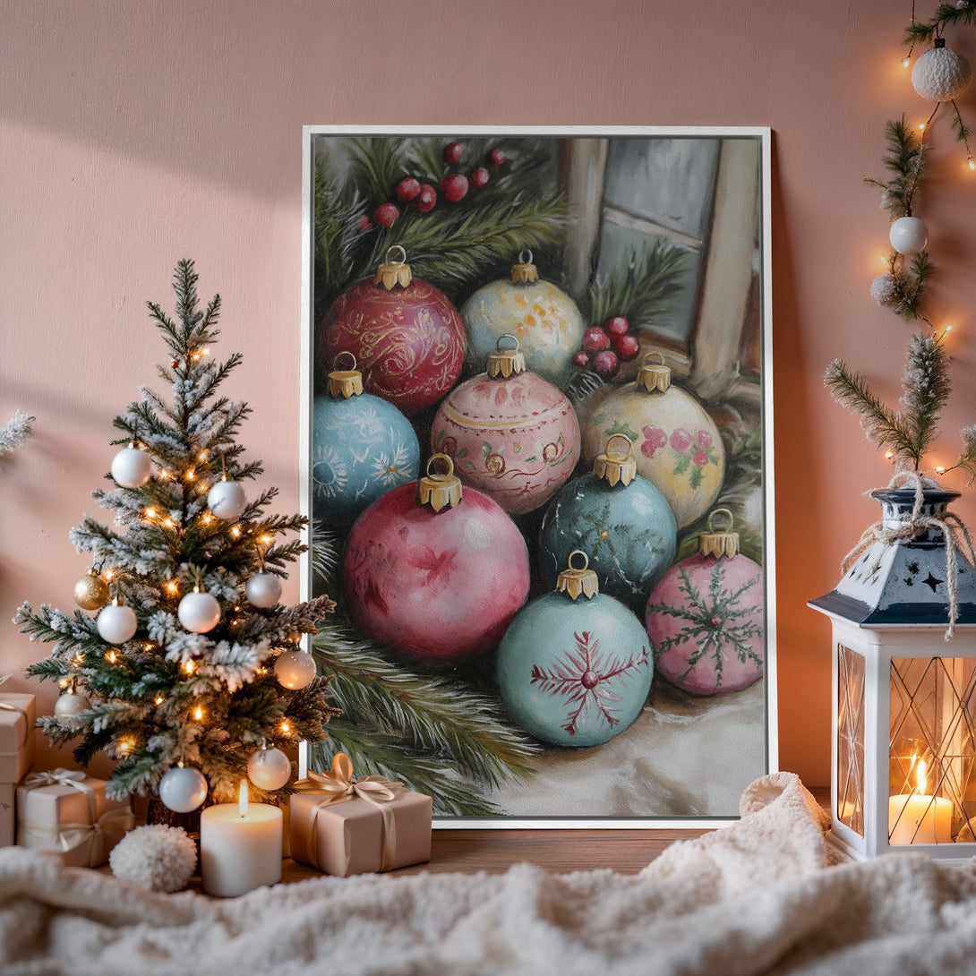 Framed Wall Art featuring Christmas ornaments in a vintage style, with a soft pastel color palette. Perfect holiday home decor.