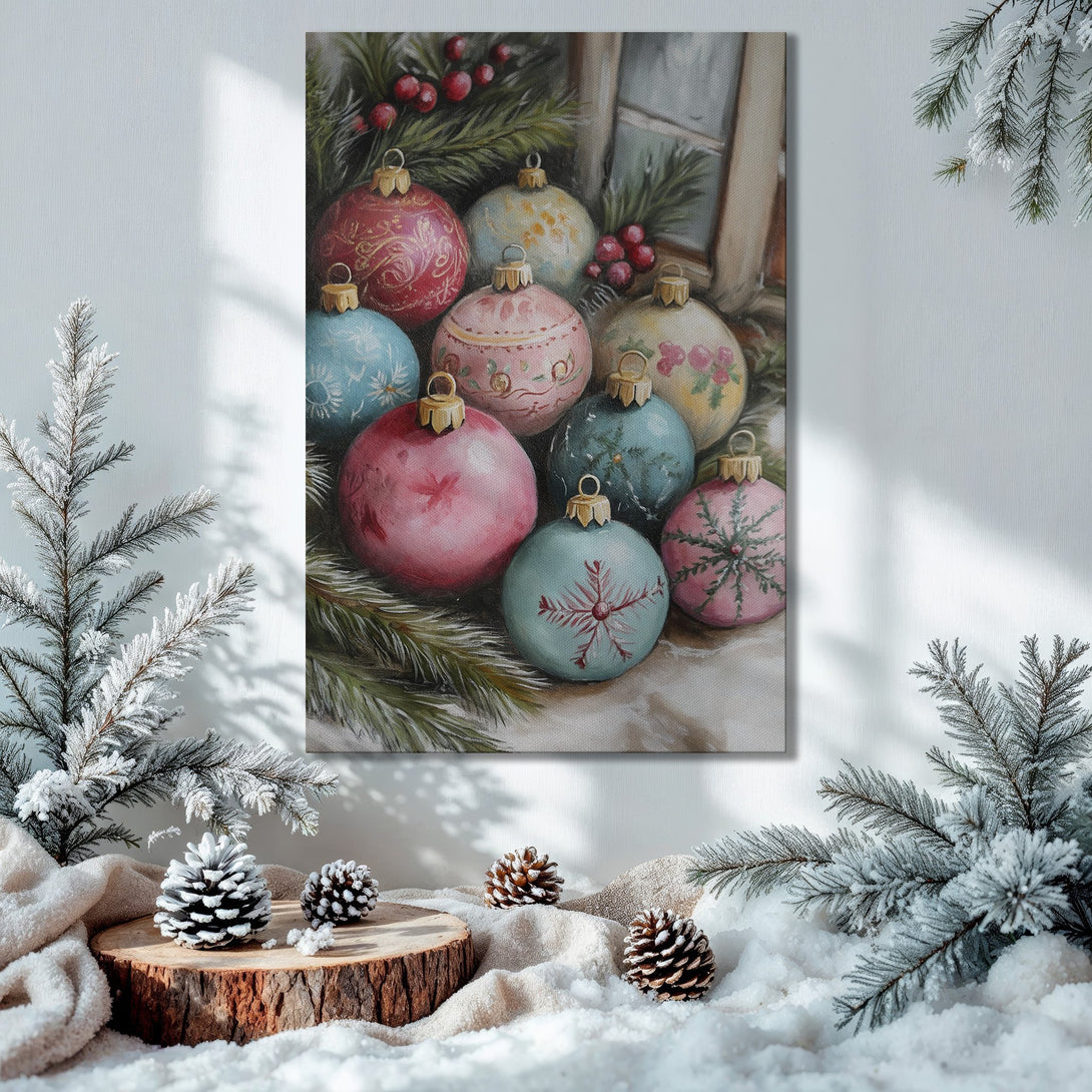 Framed Wall Art of Christmas ornaments in pastel colors, displayed in a festive interior. Perfect holiday decor!