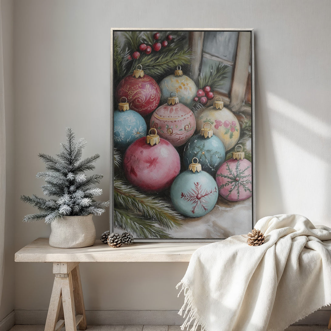 Framed Wall Art featuring festive Christmas ornaments in a vintage style with a soft, pastel color palette. Perfect holiday decor!
