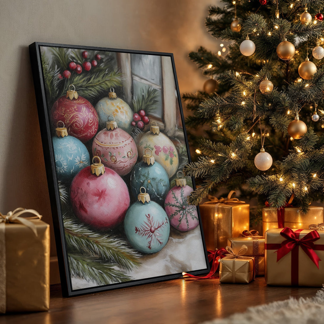Framed Wall Art: Christmas ornament painting in a cozy interior. Features festive baubles in a vintage style with a warm, inviting color palette. Perfect holiday decor!