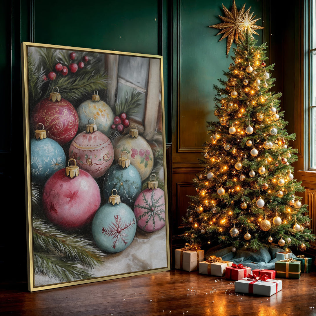 Canvas Print featuring colorful Christmas ornaments in a vintage style, perfect for holiday decor with a pastel color palette.