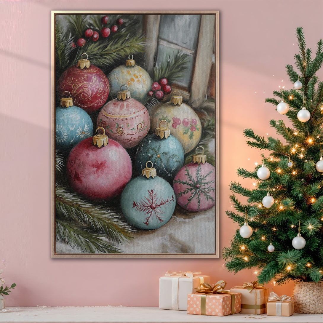 Framed Wall Art: Festive Christmas ornament painting in soft pastel colors. Perfect holiday decor for a cozy and inviting interior. Shop now!