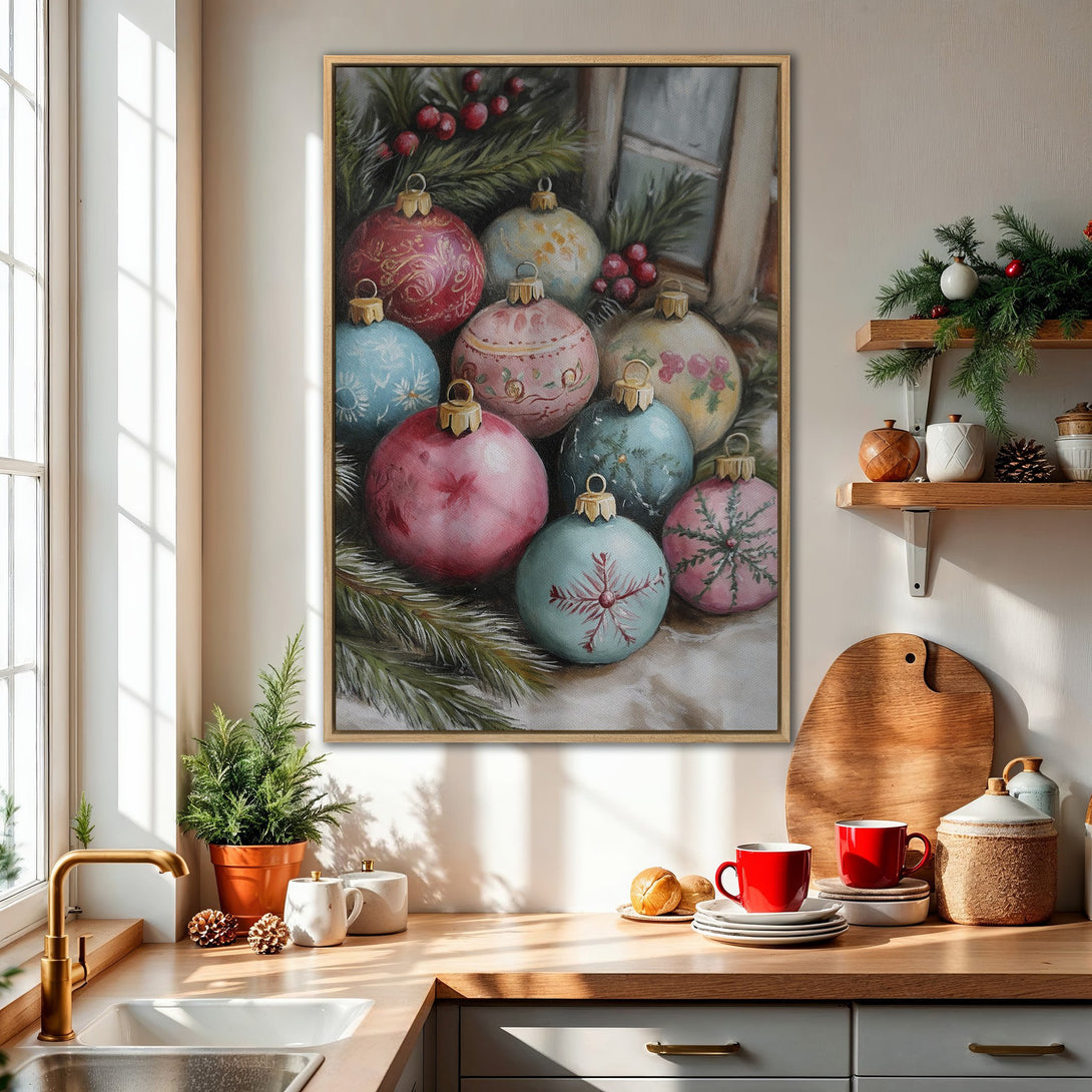 Framed Wall Art featuring festive Christmas ornaments in a vintage style with a soft, pastel color palette. Perfect holiday decor for your home!