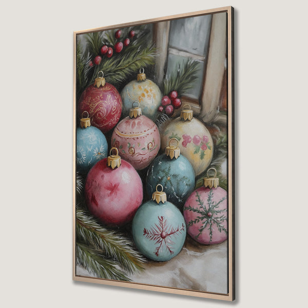 Framed Wall Art: Festive Christmas ornament painting in pastel pinks, blues, and greens. Perfect holiday decor for your home!