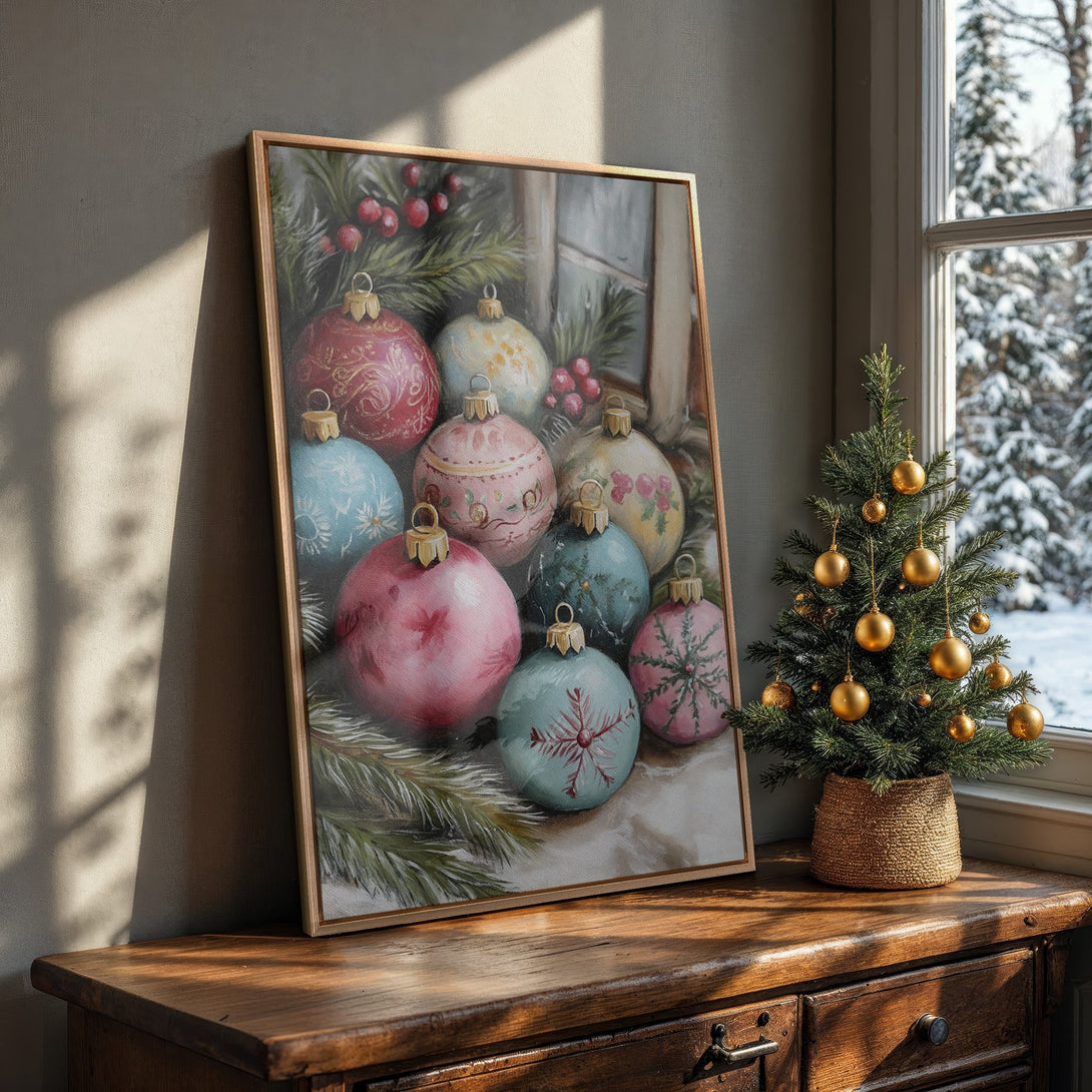 Framed Wall Art featuring festive Christmas ornaments in a warm, inviting color palette. Perfect holiday decor for your home!