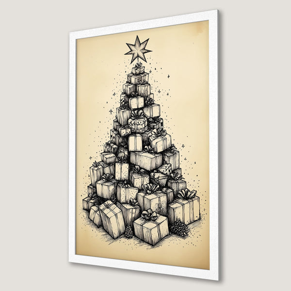 Framed Poster featuring a Christmas tree made of gifts, sketched style, beige and black color palette. Add festive cheer to your home!