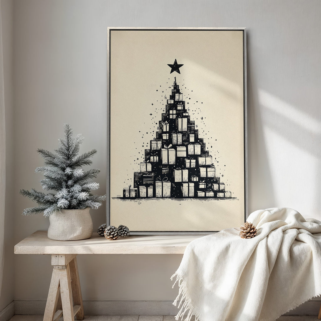 Framed Wall Art featuring a Christmas tree made of gifts in a minimalist, black and beige color palette. Perfect holiday decor for any home.