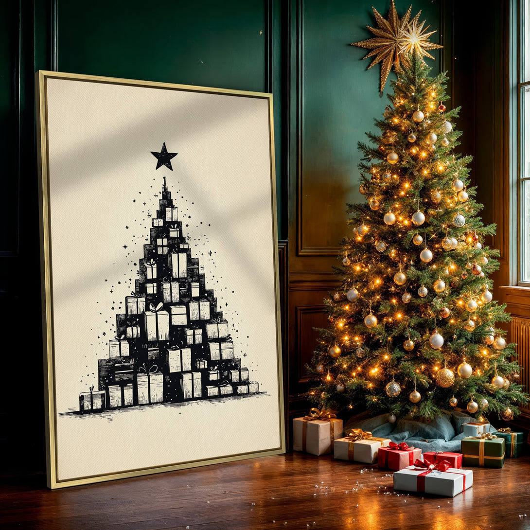 Canvas Print of a Christmas tree made of gifts, minimalist black and white design, perfect holiday decor.