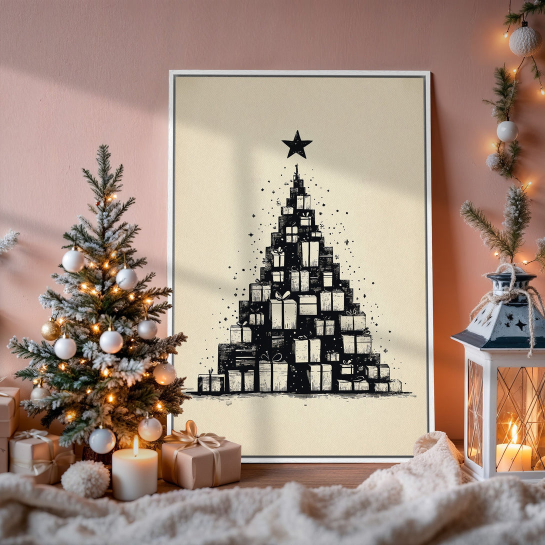 Framed Wall Art: Christmas tree made of gifts, black and white illustration. Cozy interior with warm neutral tones, perfect holiday decor.