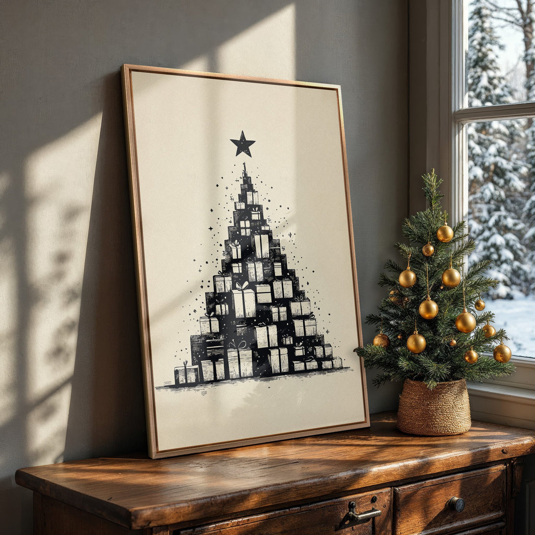 Framed Wall Art featuring a Christmas tree made of gifts in a black and white sketch style. Neutral color palette, perfect for holiday decor.