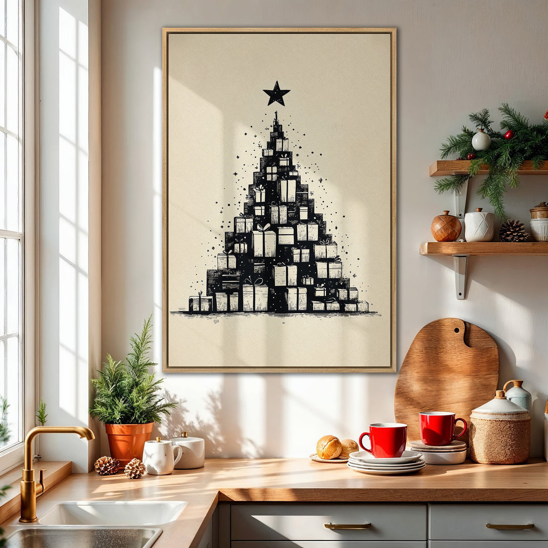 Framed Wall Art: Christmas tree made of gifts. Minimalist black and white design. Perfect holiday decor for your home.