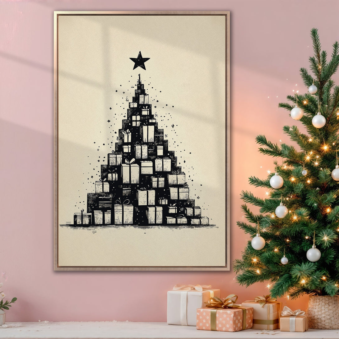 Framed Wall Art featuring a Christmas tree made of gifts in a minimalist black and white style, set against a warm, pink interior.