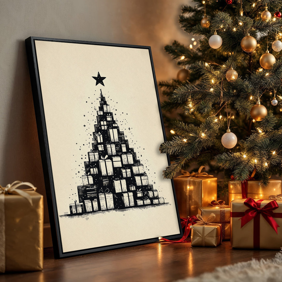 Framed Wall Art: Christmas tree made of gifts, black and white illustration, neutral background. Festive holiday decor in warm tones.